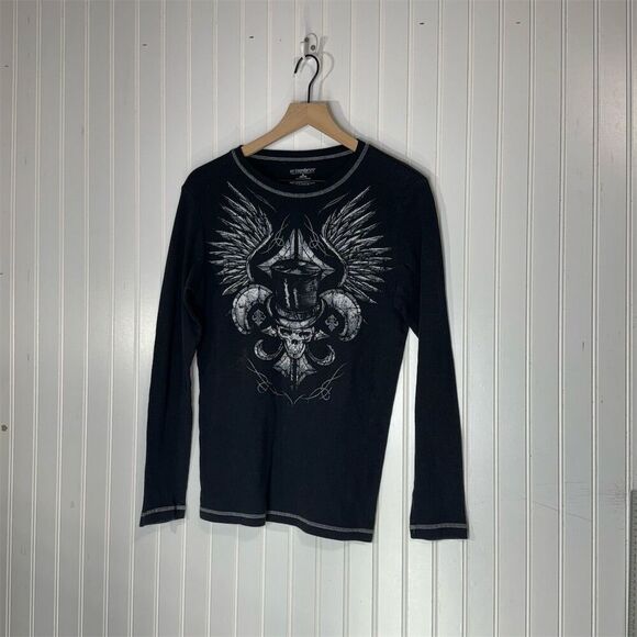 No Boundaries Skull Wing Thermal Top Y2K Grunge Emo Biker M Affliction Style VTG - Picture 1 of 7